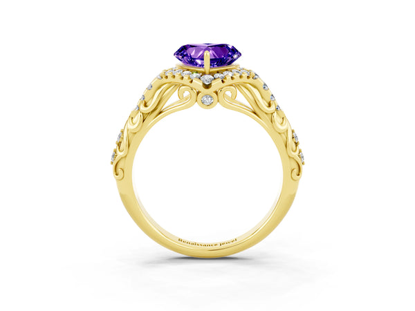 Yellow gold Heart Cut Tanzanite Solitaire Ring with Hidden Halo and Pavé Band