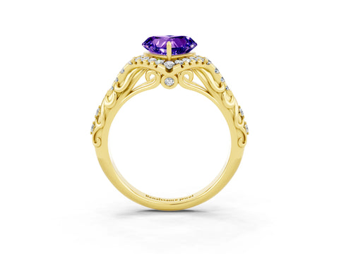 Yellow gold Heart Cut Tanzanite Solitaire Ring with Hidden Halo and Pavé Band_15