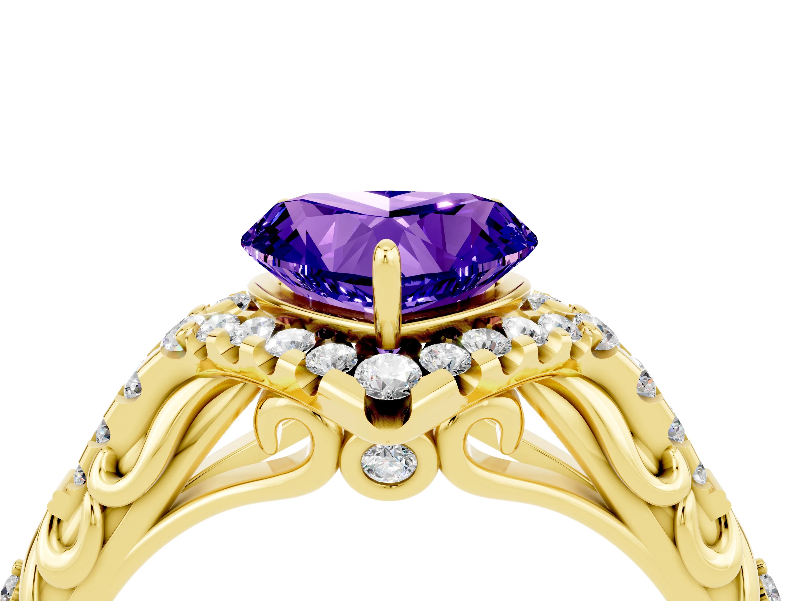 Yellow gold Heart Cut Tanzanite Solitaire Ring with Hidden Halo and Pavé Band_16