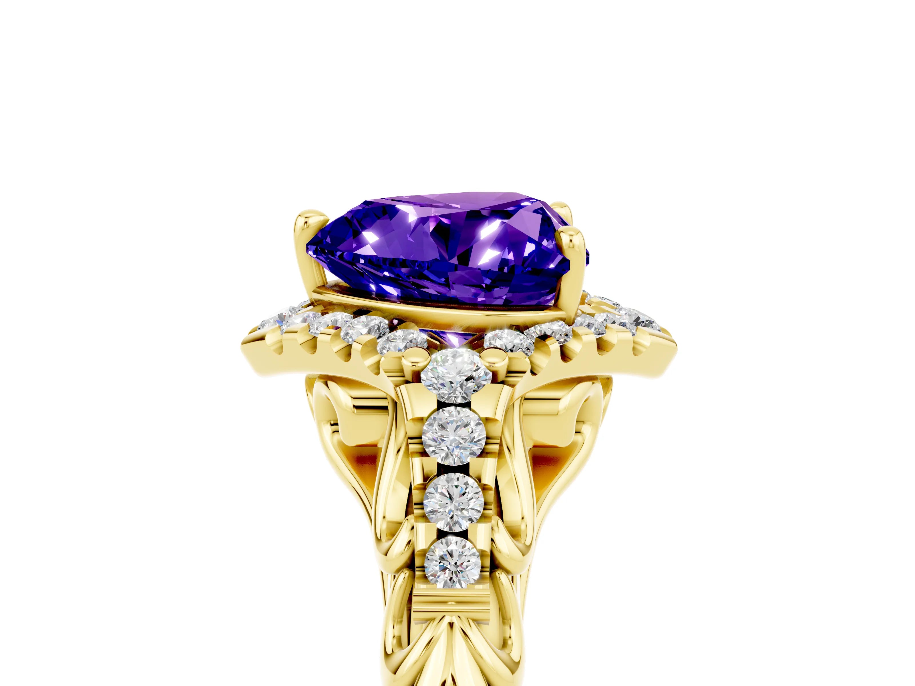 Yellow gold Heart Cut Tanzanite Solitaire Ring with Hidden Halo and Pavé Band_17