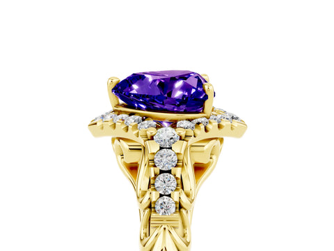 Yellow gold Heart Cut Tanzanite Solitaire Ring with Hidden Halo and Pavé Band_17