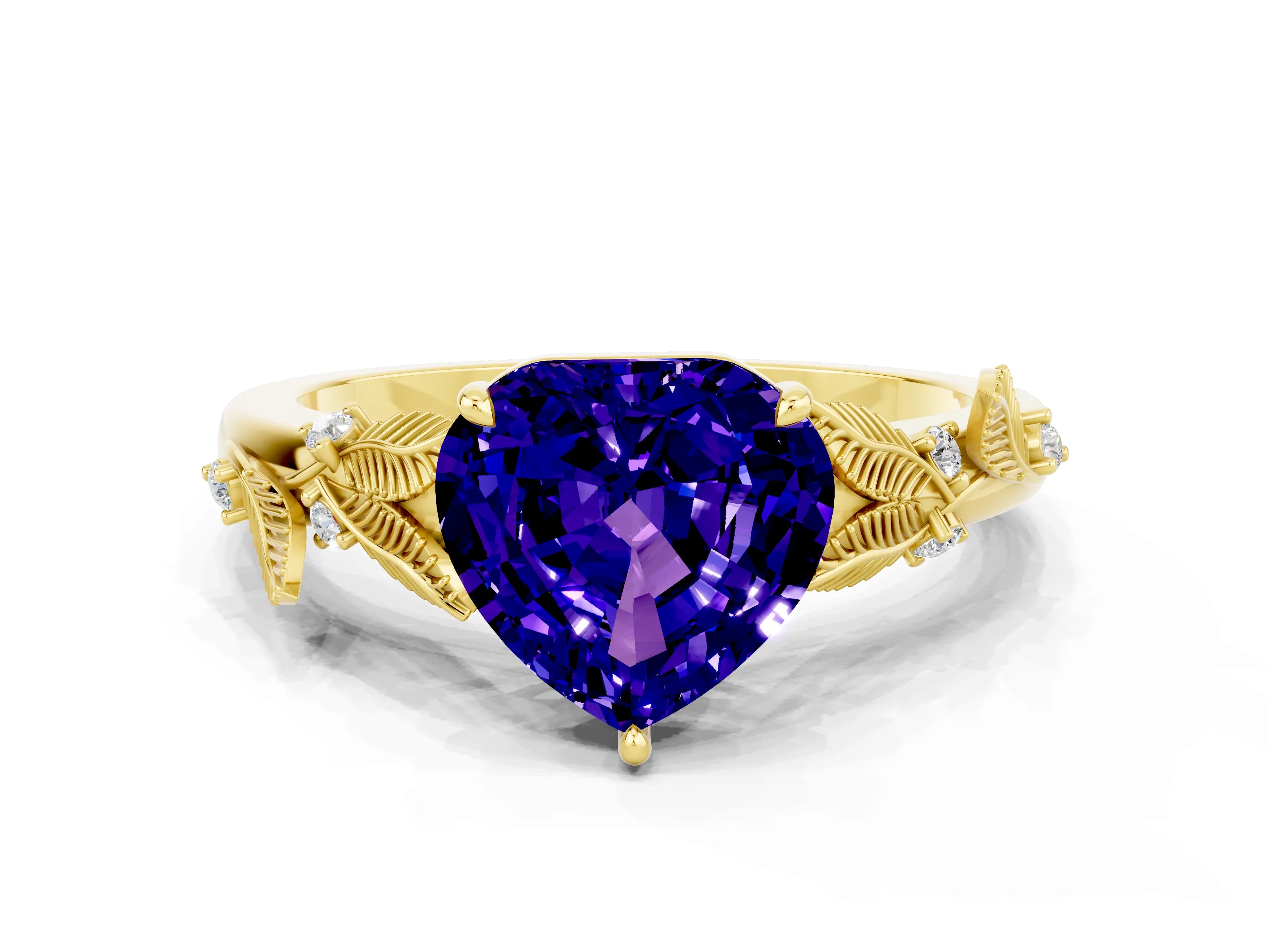 Yellow gold Heart Cut Tanzanite Solitaire Ring with Leaf Motif Band and Four-Prong Setting