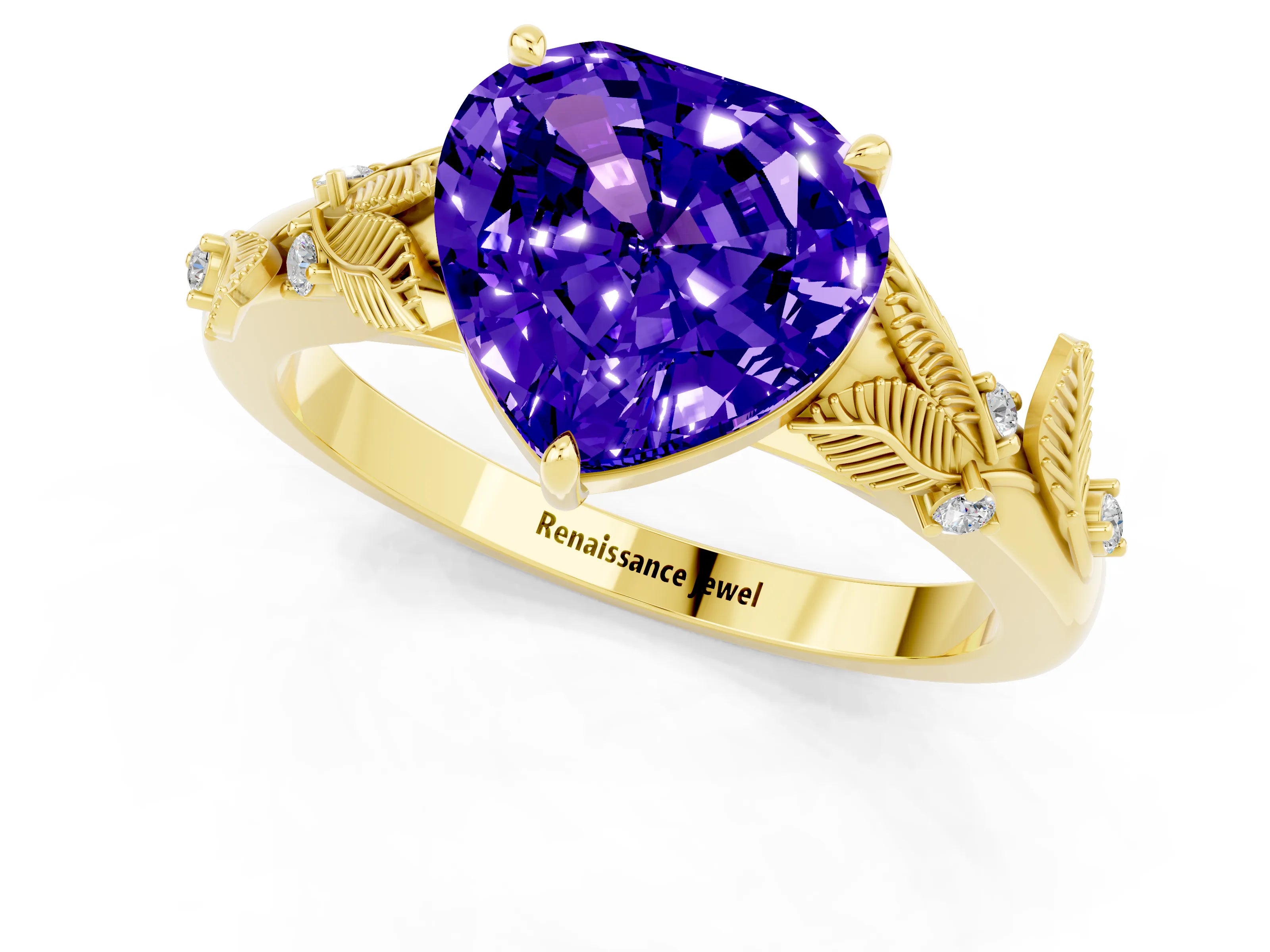 Yellow gold Heart Cut Tanzanite Solitaire Ring with Leaf Motif Band and Four-Prong Setting_1