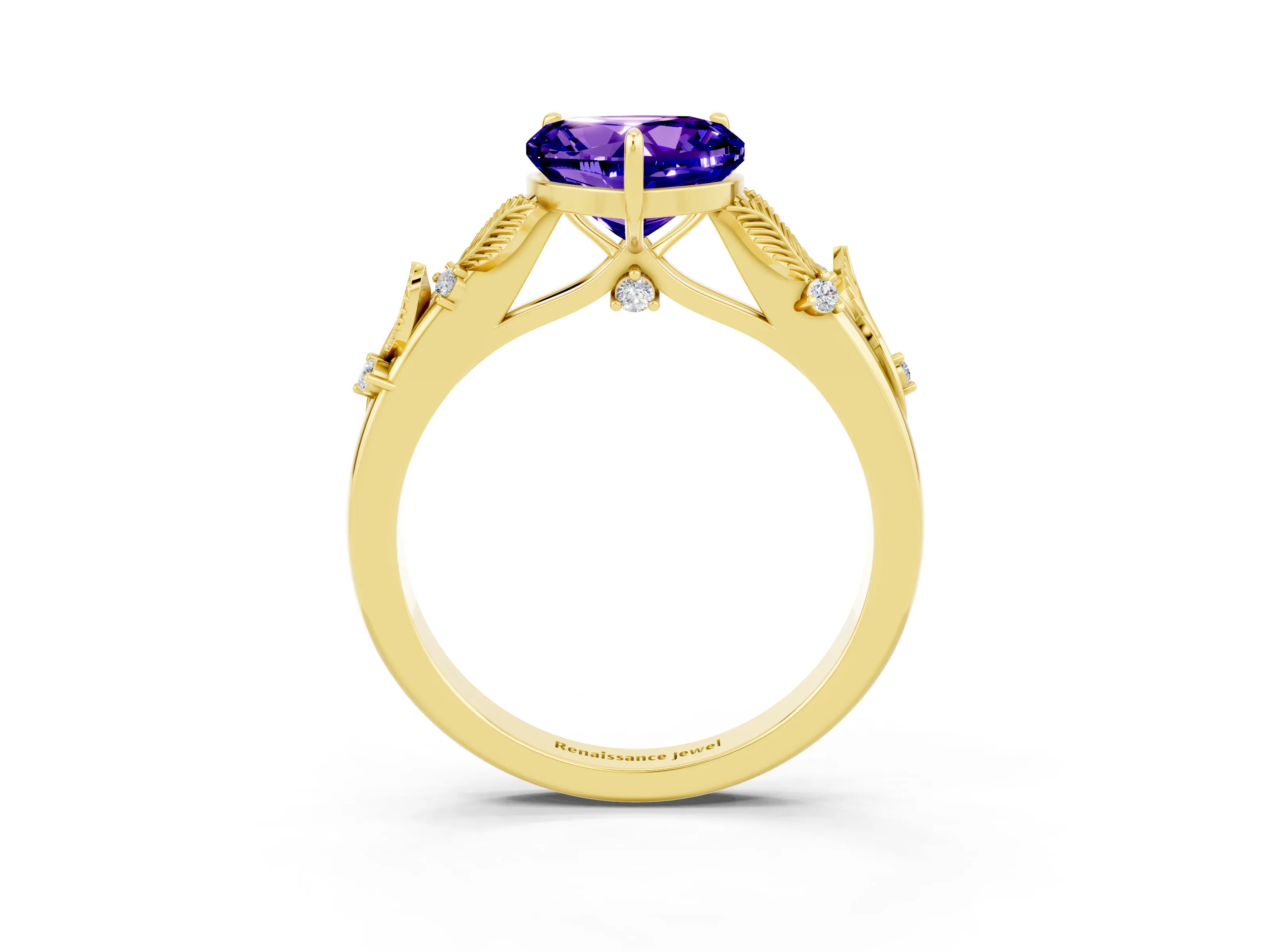 Yellow gold Heart Cut Tanzanite Solitaire Ring with Leaf Motif Band and Four-Prong Setting_3