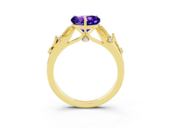 Yellow gold Heart Cut Tanzanite Solitaire Ring with Leaf Motif Band and Four-Prong Setting