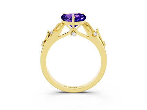 Yellow gold Heart Cut Tanzanite Solitaire Ring with Leaf Motif Band and Four-Prong Setting_3