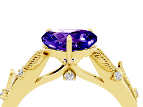 Yellow gold Heart Cut Tanzanite Solitaire Ring with Leaf Motif Band and Four-Prong Setting_4