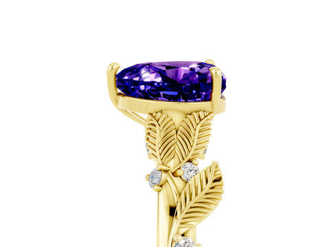 Yellow gold Heart Cut Tanzanite Solitaire Ring with Leaf Motif Band and Four-Prong Setting_5