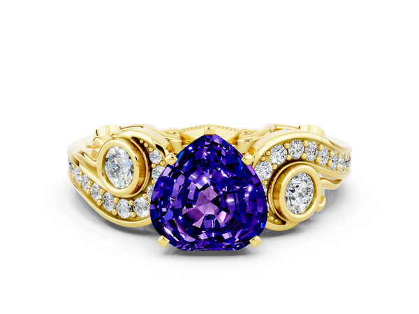 Yellow gold Heart Cut Tanzanite Solitaire Ring with Milgrain Pavé Band and Four-Prong Setting