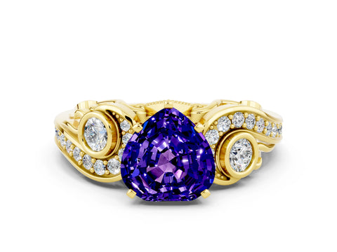 Yellow gold Heart Cut Tanzanite Solitaire Ring with Milgrain Pavé Band and Four-Prong Setting_24