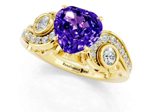 Yellow gold Heart Cut Tanzanite Solitaire Ring with Milgrain Pavé Band and Four-Prong Setting