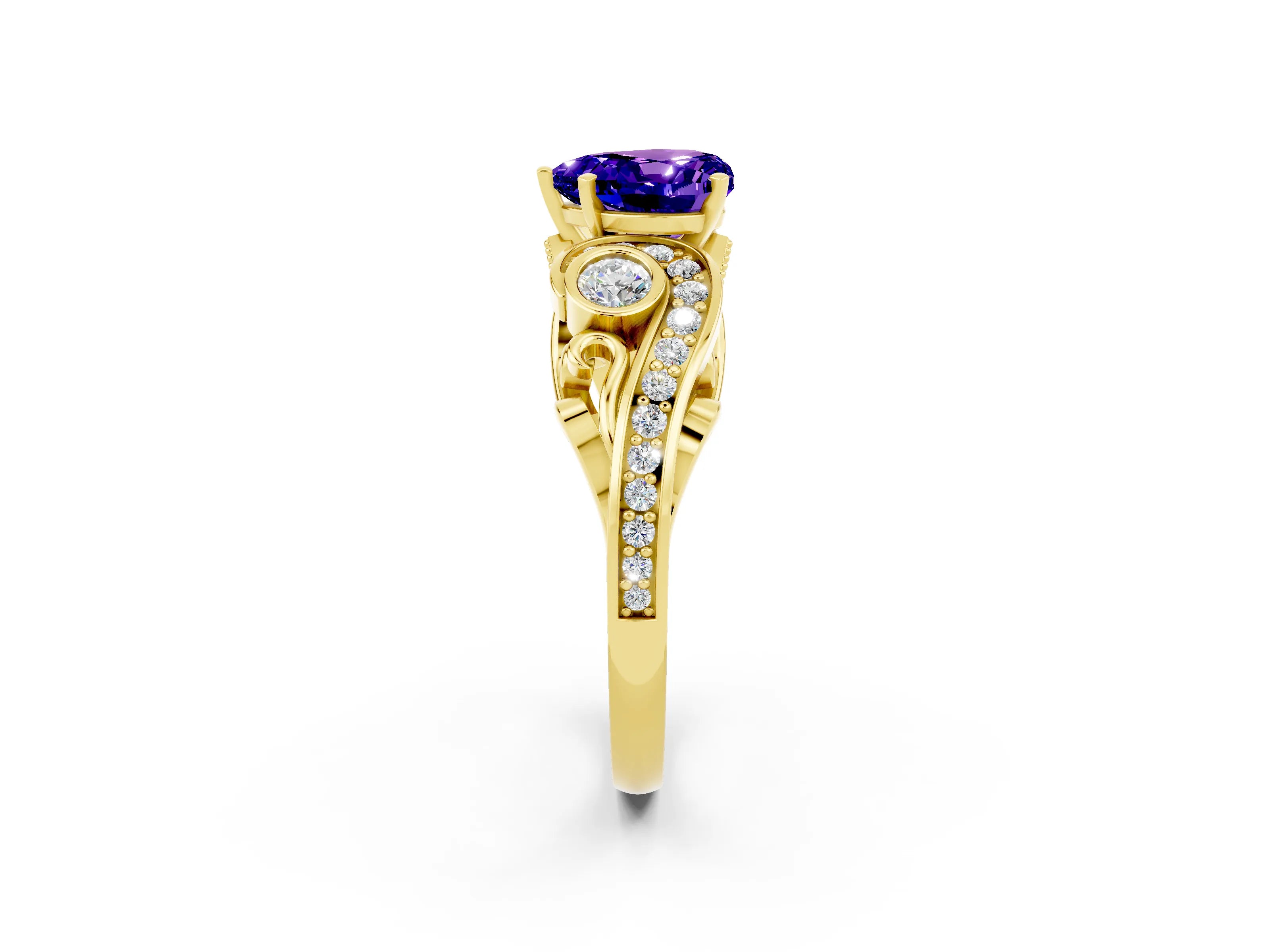 Yellow gold Heart Cut Tanzanite Solitaire Ring with Milgrain Pavé Band and Four-Prong Setting_26