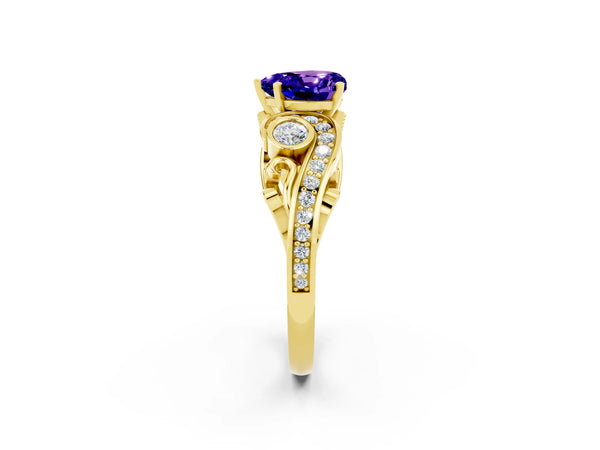 Yellow gold Heart Cut Tanzanite Solitaire Ring with Milgrain Pavé Band and Four-Prong Setting