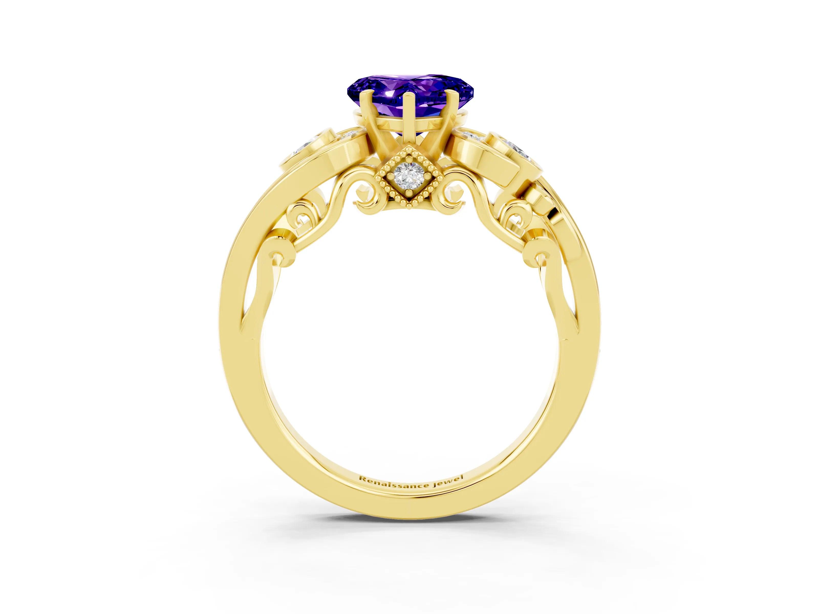 Yellow gold Heart Cut Tanzanite Solitaire Ring with Milgrain Pavé Band and Four-Prong Setting_27