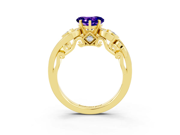 Yellow gold Heart Cut Tanzanite Solitaire Ring with Milgrain Pavé Band and Four-Prong Setting