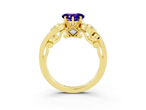 Yellow gold Heart Cut Tanzanite Solitaire Ring with Milgrain Pavé Band and Four-Prong Setting_27