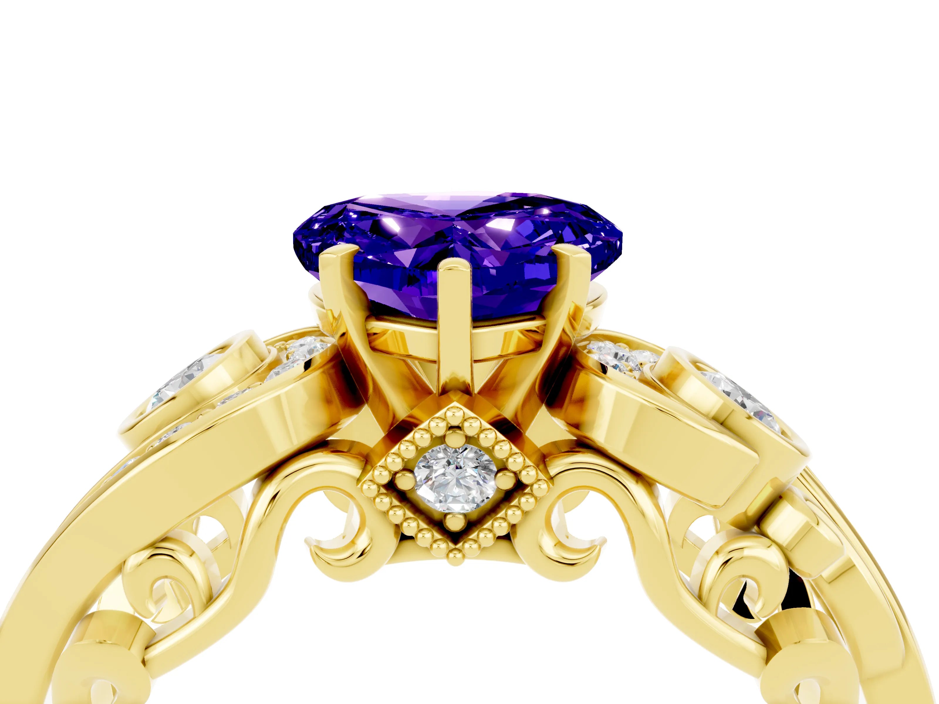 Yellow gold Heart Cut Tanzanite Solitaire Ring with Milgrain Pavé Band and Four-Prong Setting_28