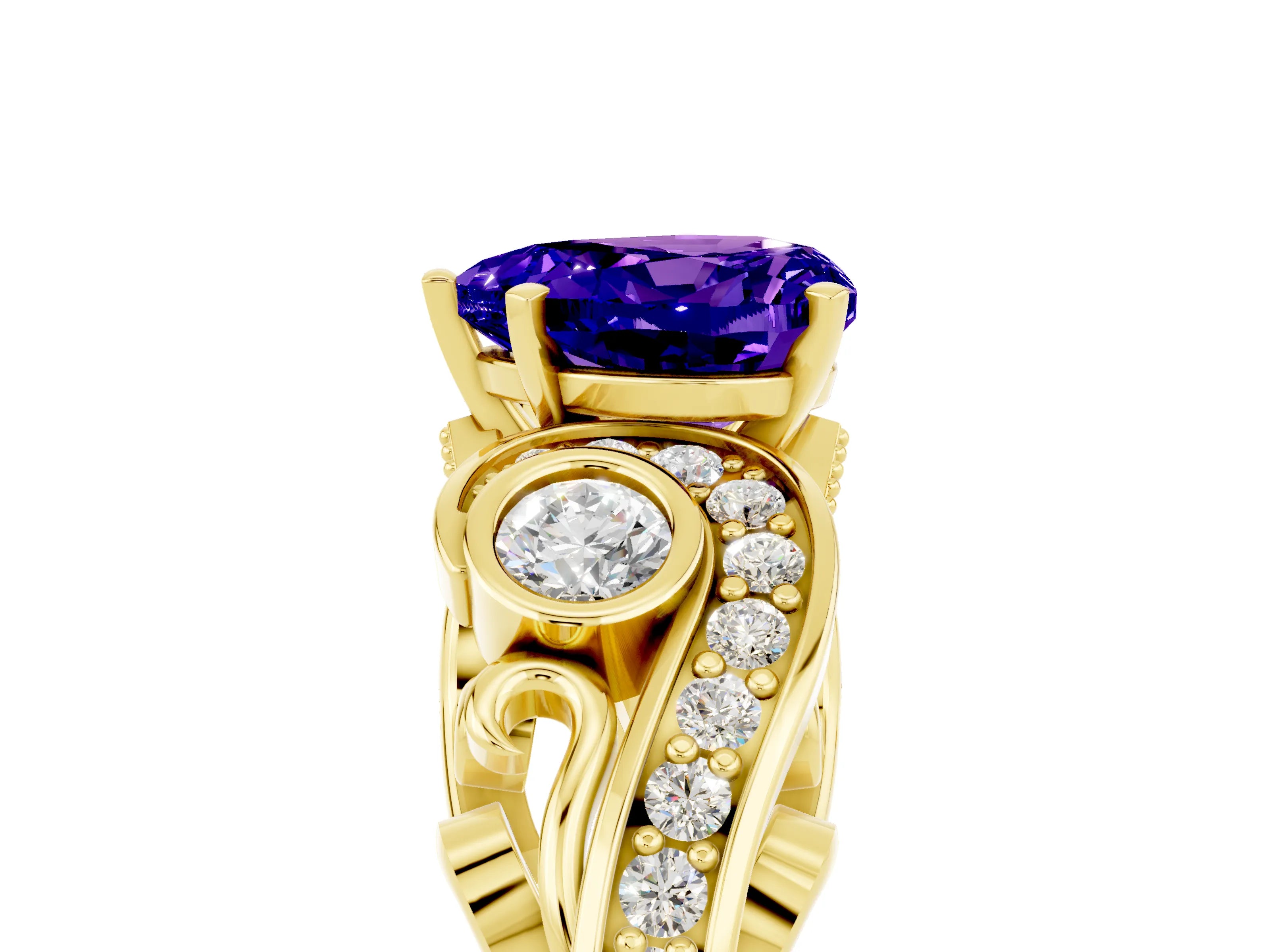 Yellow gold Heart Cut Tanzanite Solitaire Ring with Milgrain Pavé Band and Four-Prong Setting_29