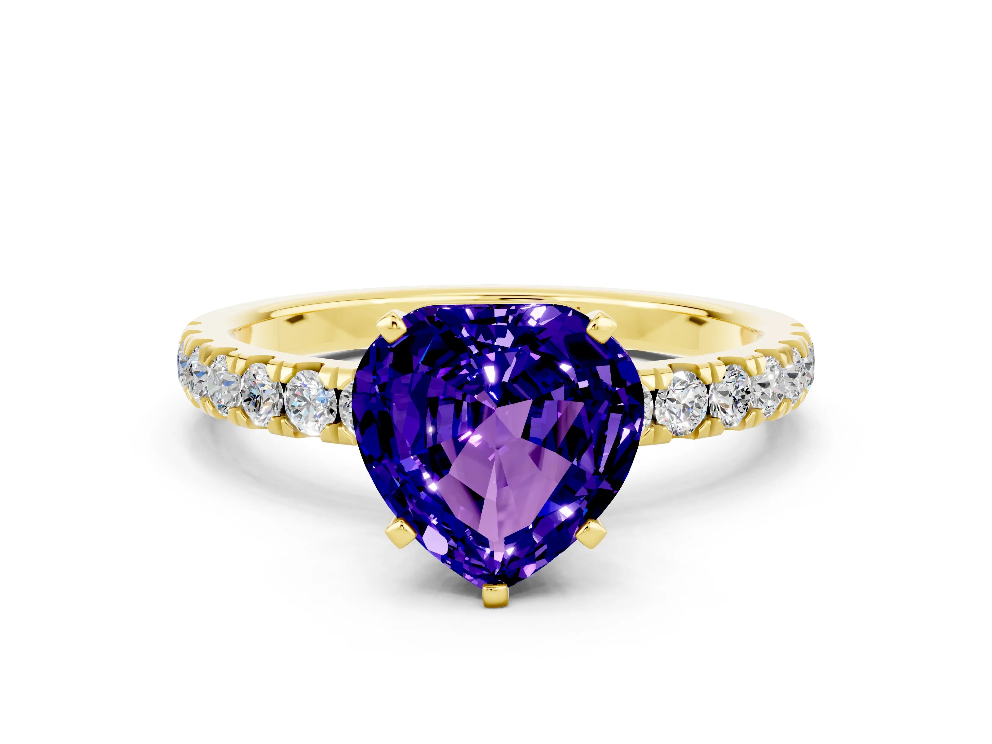 Yellow gold Heart Cut Tanzanite Solitaire Ring with Pavé Accents and Four-Prong Setting