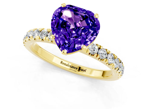 Yellow gold Heart Cut Tanzanite Solitaire Ring with Pavé Accents and Four-Prong Setting_1