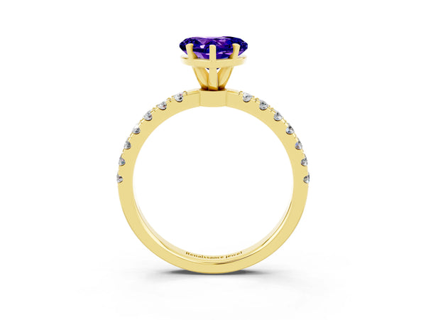 Yellow gold Heart Cut Tanzanite Solitaire Ring with Pavé Accents and Four-Prong Setting