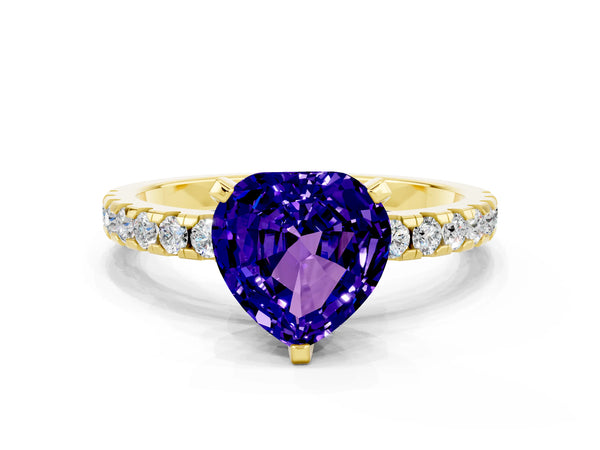 Yellow gold Heart Cut Tanzanite Solitaire Ring with Round  Pavé Band and Four-Prong Setting