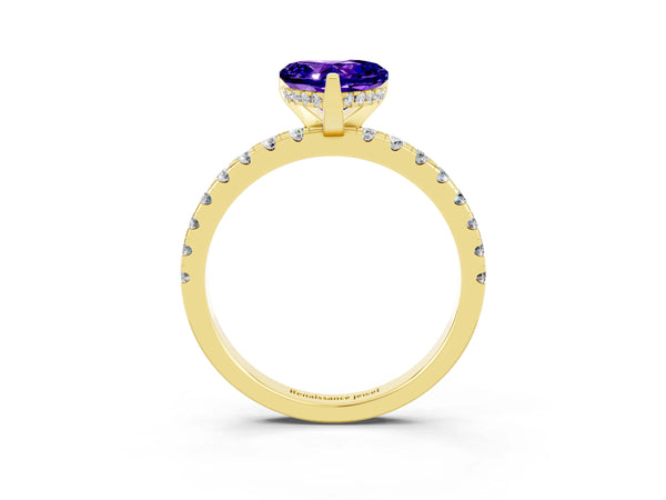 Yellow gold Heart Cut Tanzanite Solitaire Ring with Round  Pavé Band and Four-Prong Setting