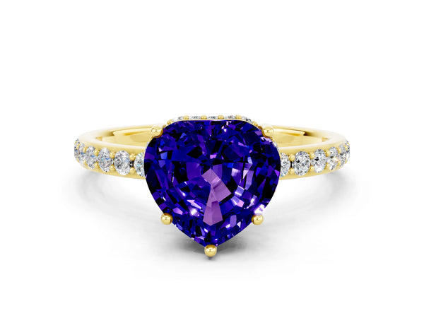 Yellow gold Heart Cut Tanzanite Solitaire Ring with Pavé Band and Hidden Halo