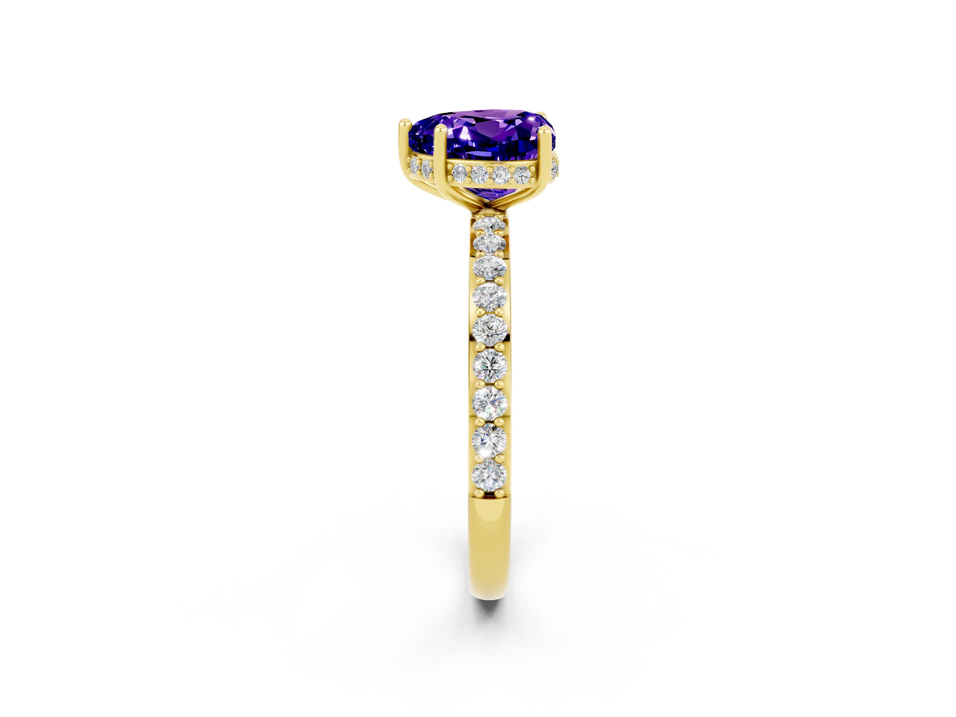 Yellow gold Heart Cut Tanzanite Solitaire Ring with Pavé Band and Hidden Halo_14