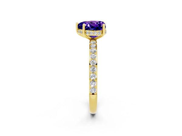 Yellow gold Heart Cut Tanzanite Solitaire Ring with Pavé Band and Hidden Halo