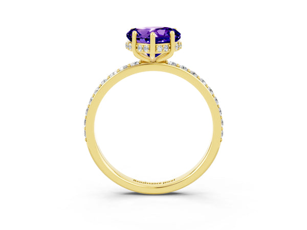 Yellow gold Heart Cut Tanzanite Solitaire Ring with Pavé Band and Hidden Halo