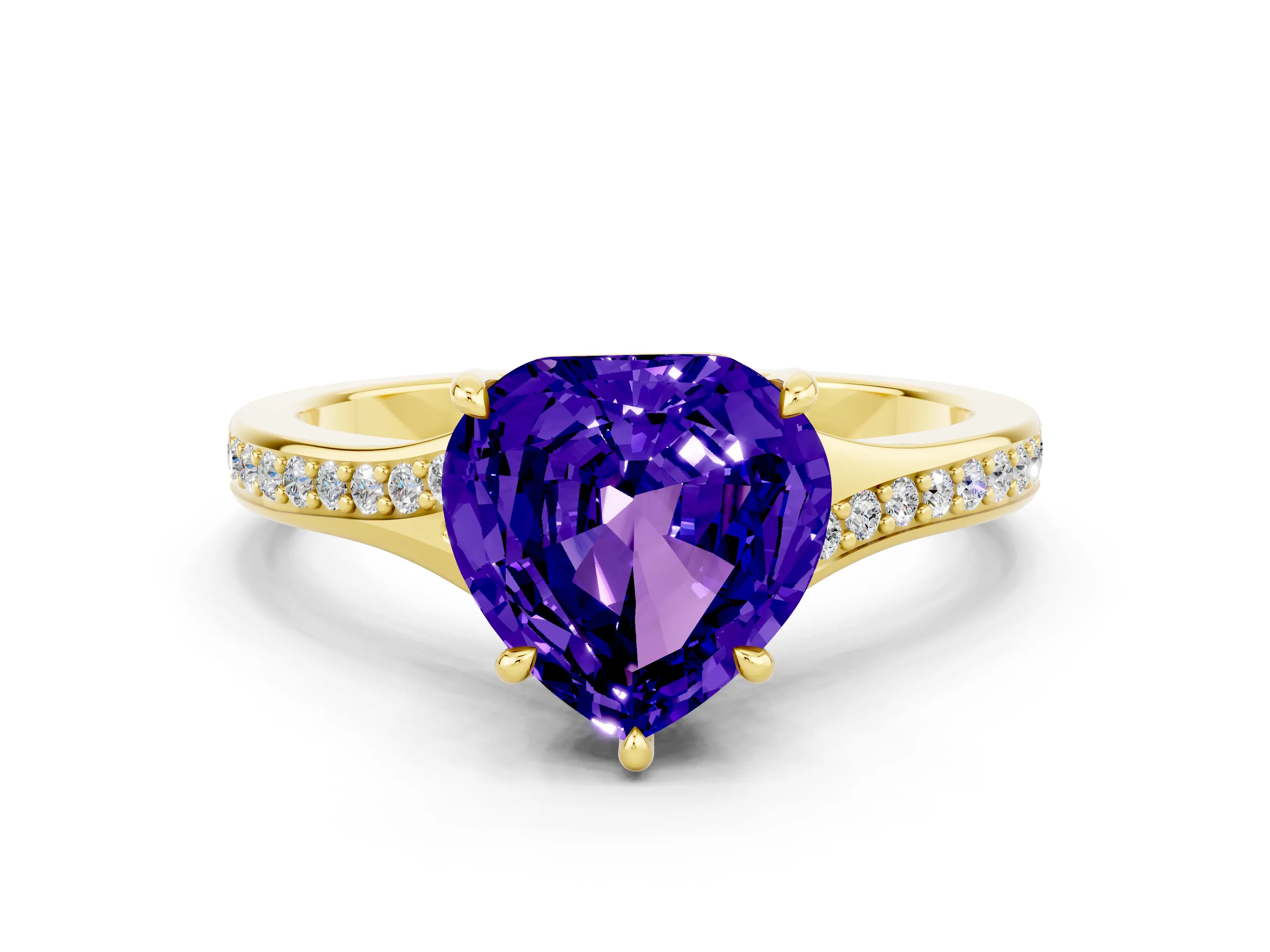 Yellow gold Heart Cut Tanzanite Solitaire Ring with Pavé Band and Prong Setting