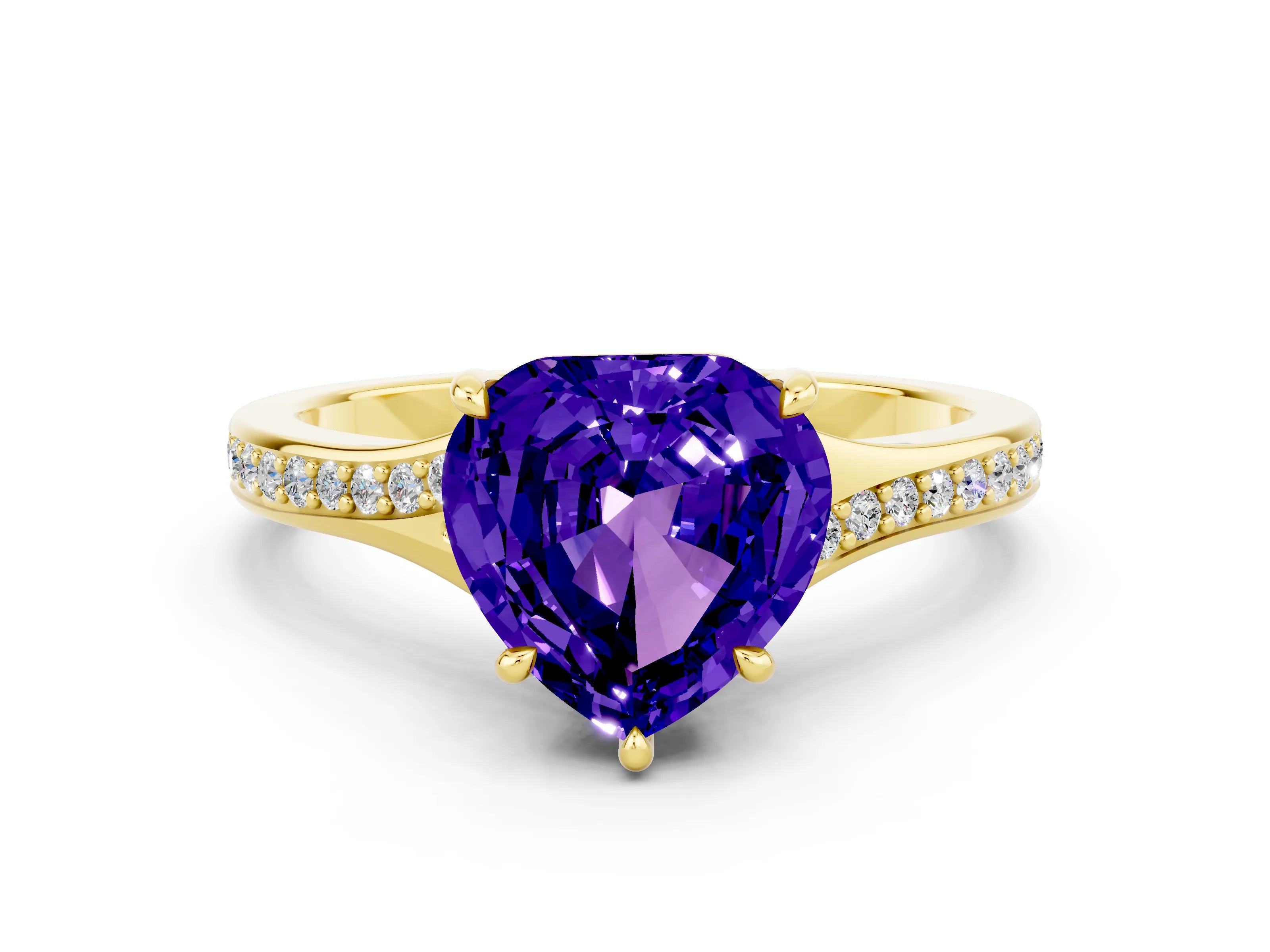 Yellow gold Heart Cut Tanzanite Solitaire Ring with Pavé Band and Prong Setting_12