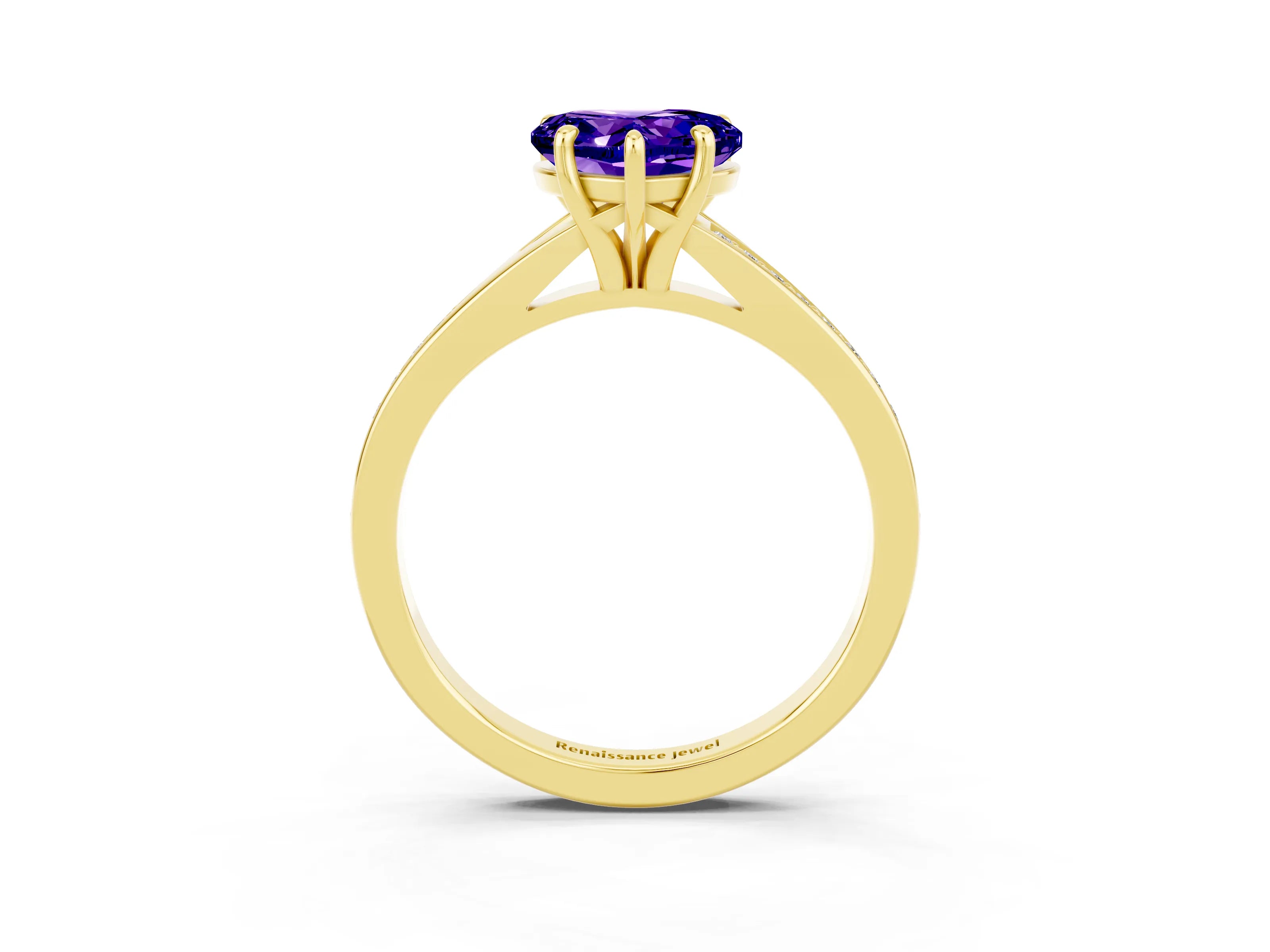 Yellow gold Heart Cut Tanzanite Solitaire Ring with Pavé Band and Prong Setting_15