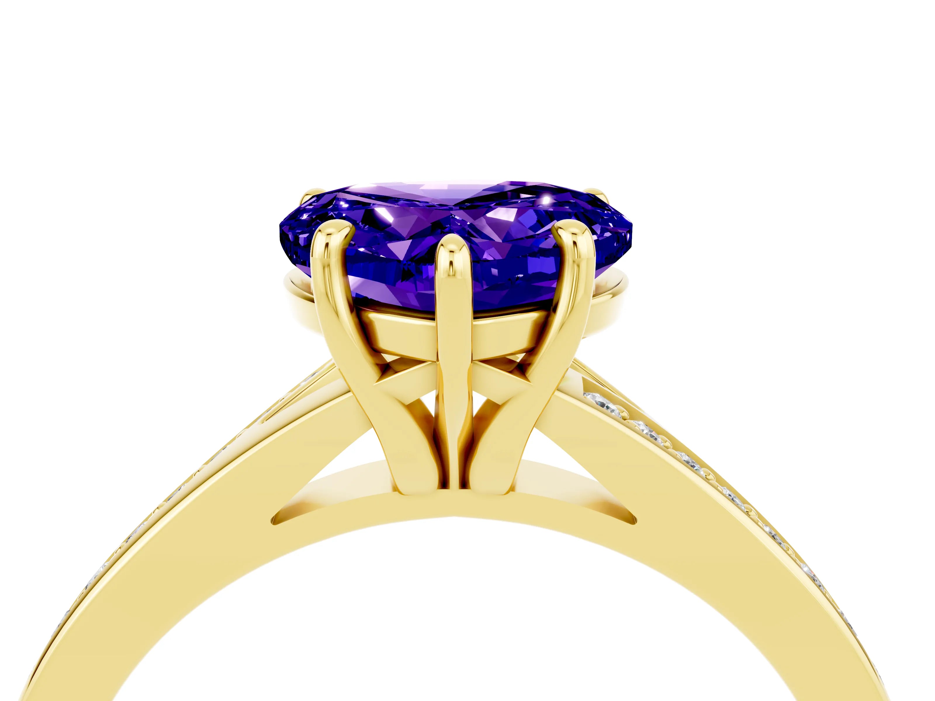 Yellow gold Heart Cut Tanzanite Solitaire Ring with Pavé Band and Prong Setting_16