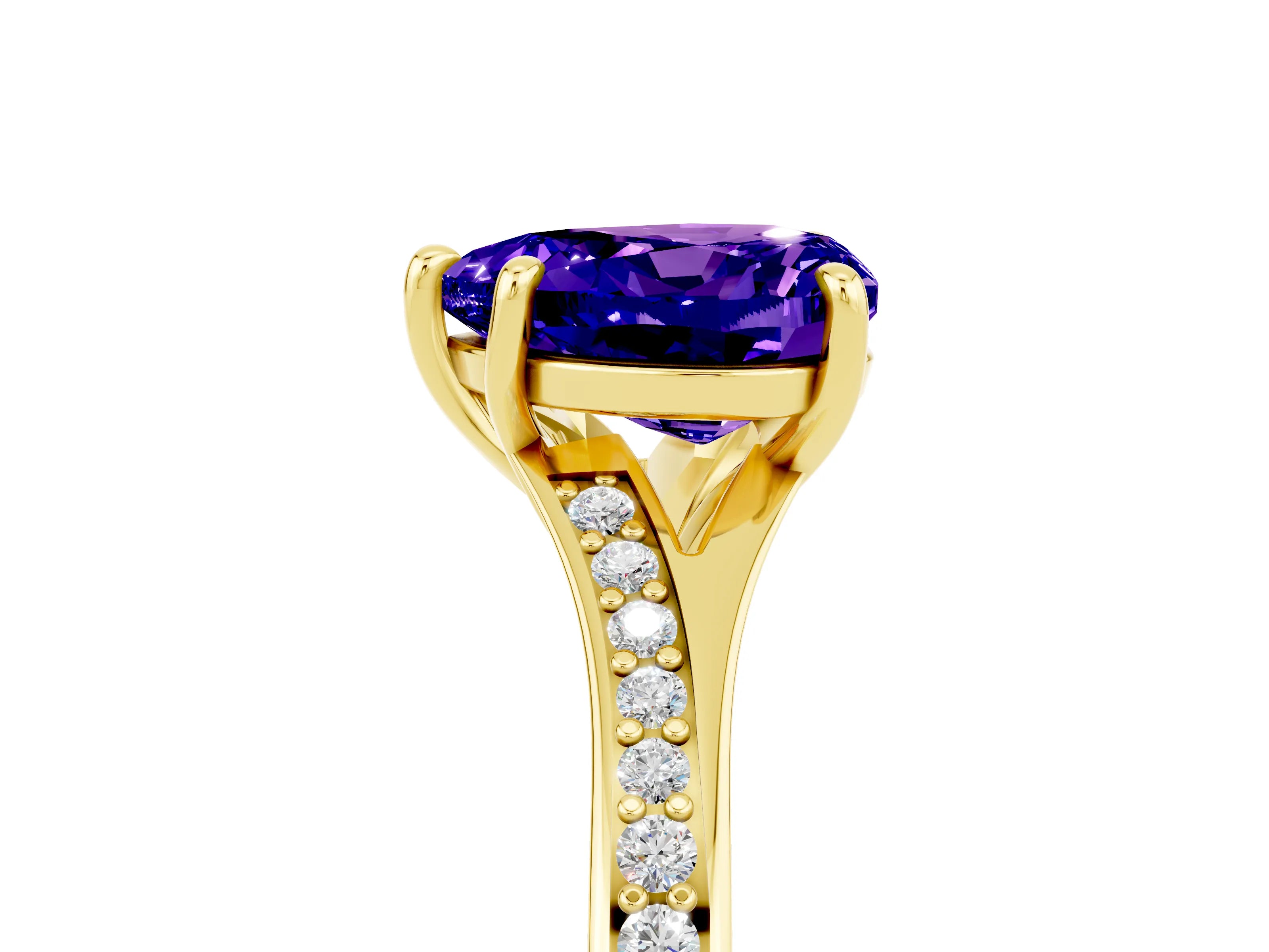 Yellow gold Heart Cut Tanzanite Solitaire Ring with Pavé Band and Prong Setting_17