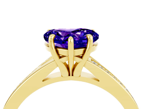 Yellow gold Heart Cut Tanzanite Solitaire Ring with Pavé Band and Prong Setting_4
