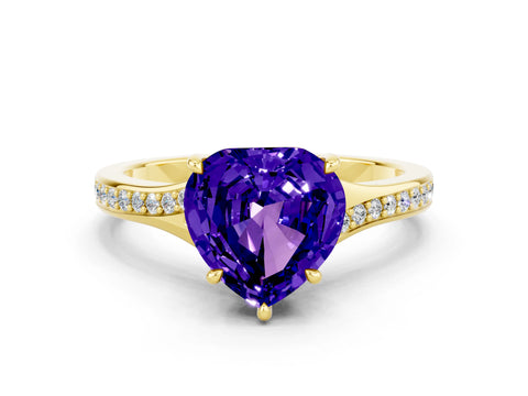 Yellow gold Heart Cut Tanzanite Solitaire Ring with Pavé Band and Prong Setting
