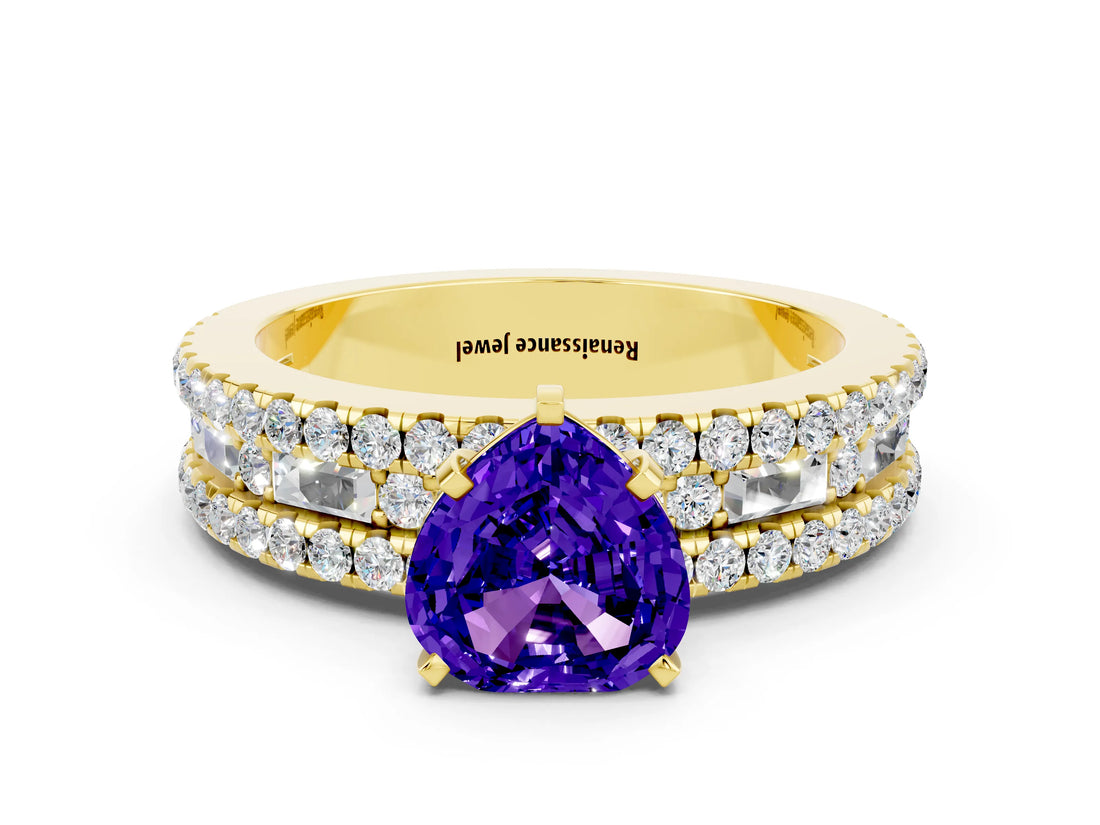 Yellow gold Heart Cut Tanzanite Solitaire Ring with Pavé and Channel Set Band