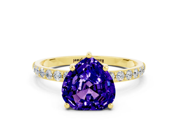 Yellow gold Heart Cut Tanzanite Solitaire Ring with Round  Pavé Band and Prong Setting