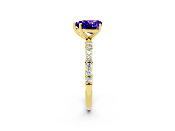 Yellow gold Heart Cut Tanzanite Solitaire Ring with Round  Pavé Band and Prong Setting