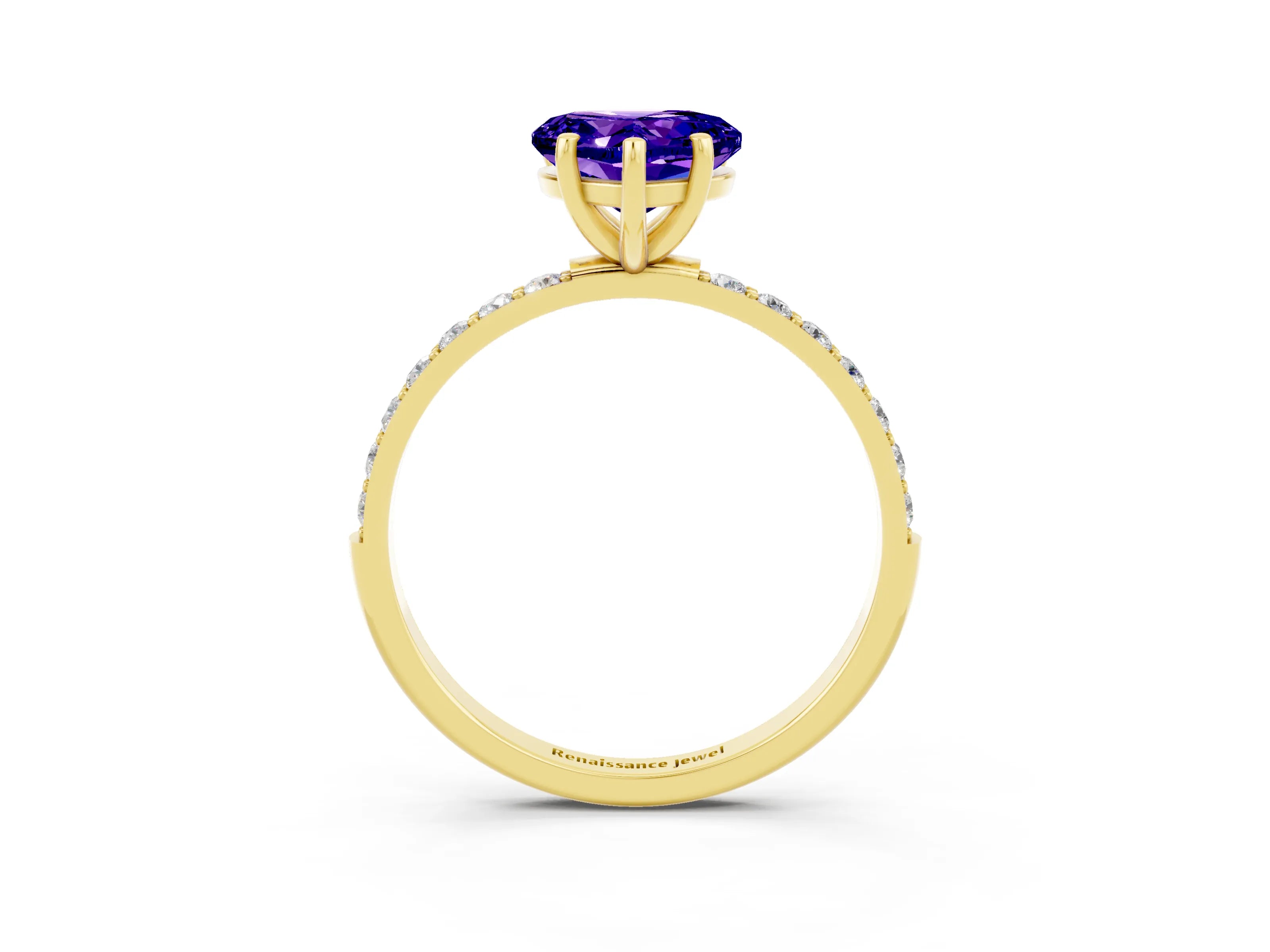 Yellow gold Heart Cut Tanzanite Solitaire Ring with Pave Band and Four Prong Setting_27