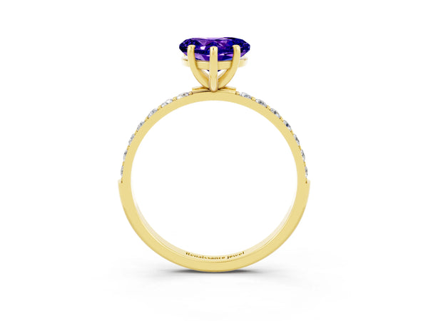 Yellow gold Heart Cut Tanzanite Solitaire Ring with Round  Pavé Band and Prong Setting
