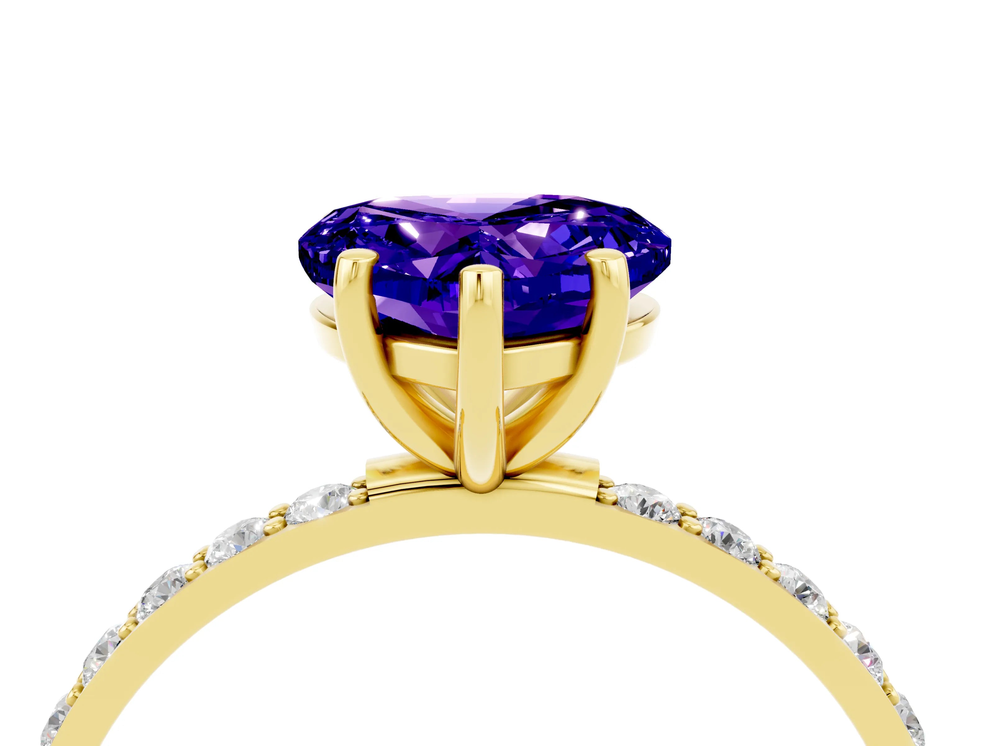 Yellow gold Heart Cut Tanzanite Solitaire Ring with Pave Band and Four Prong Setting_28