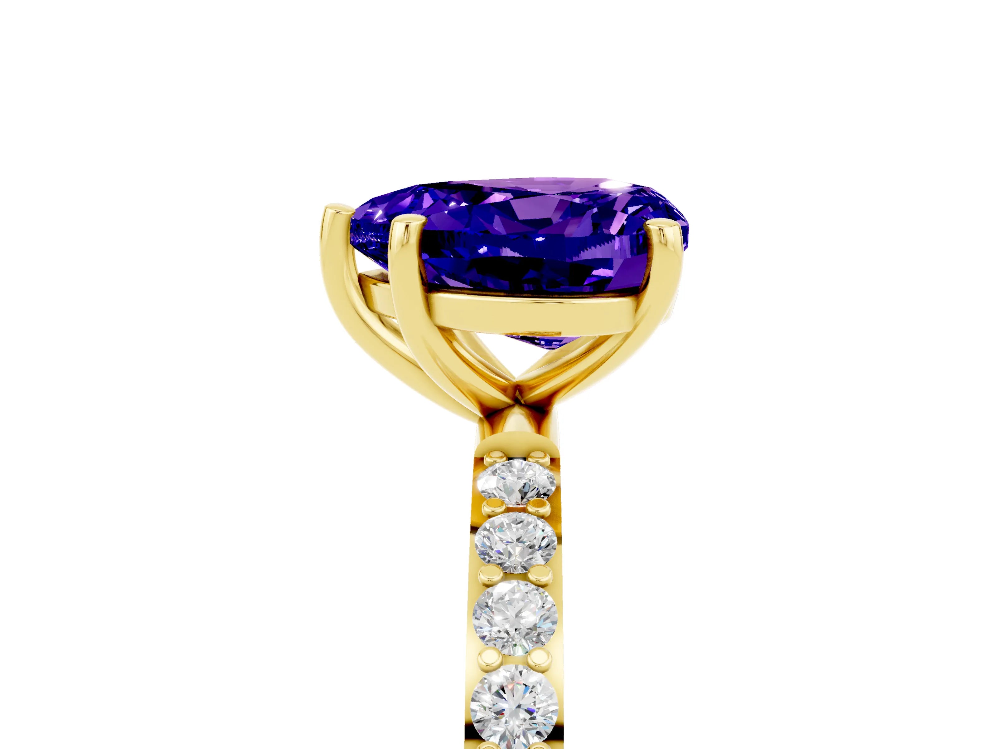 Yellow gold Heart Cut Tanzanite Solitaire Ring with Pave Band and Four Prong Setting_29