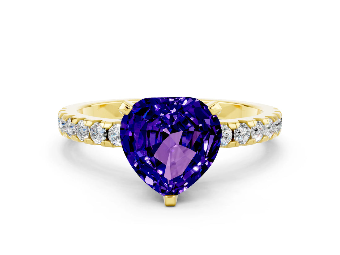 Yellow gold Heart Cut Tanzanite Solitaire Ring with Round  Pavé Band and Four-Prong Setting_36
