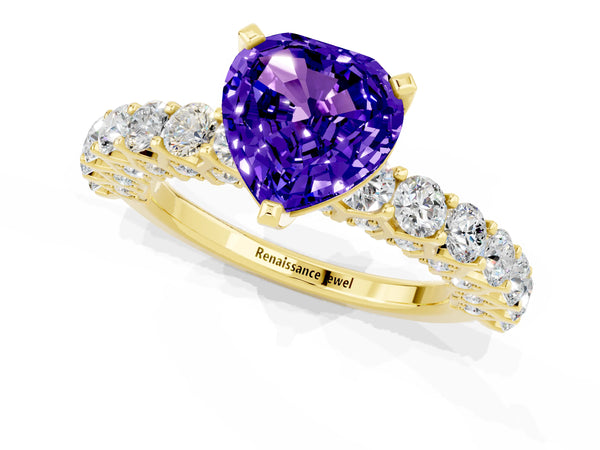 Yellow gold Heart Cut Tanzanite Solitaire Ring with Shared Prong Pavé Band and Four-Prong Setting