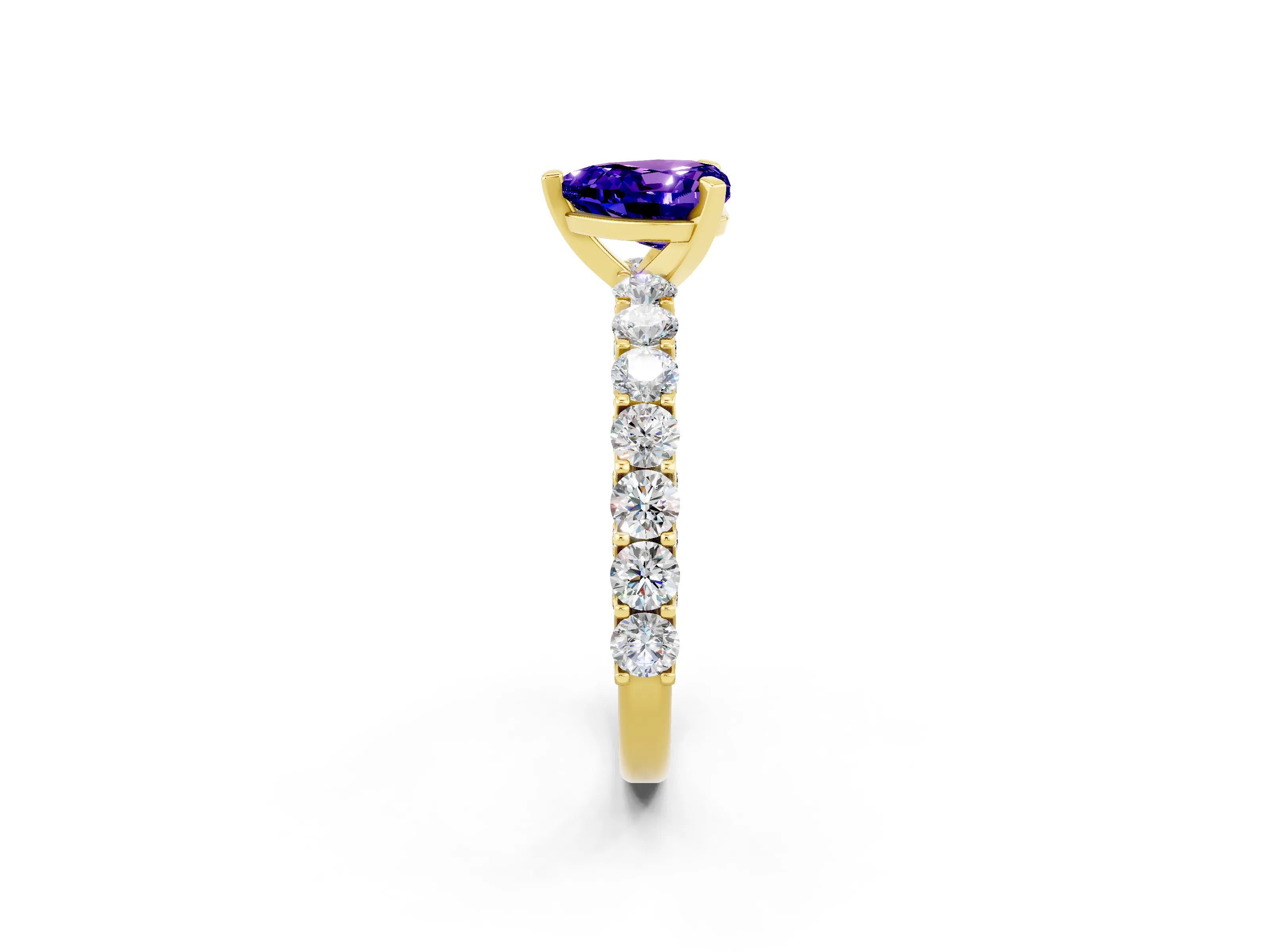 Yellow gold Heart Cut Tanzanite Solitaire Ring with Shared Prong Pavé Band and Four-Prong Setting_14