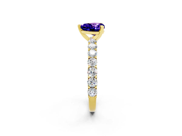 Yellow gold Heart Cut Tanzanite Solitaire Ring with Shared Prong Pavé Band and Four-Prong Setting