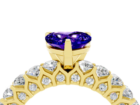 Yellow gold Heart Cut Tanzanite Solitaire Ring with Shared Prong Pavé Band and Four-Prong Setting_16